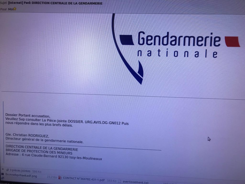 capture d'écran mail frauduleux de la Gendarmerie Nationale