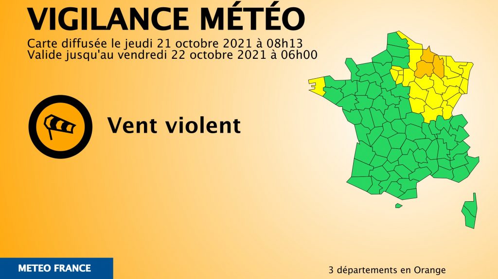 Carte vigilance jaune pour vents violents jusqu'au 22 octobre 2021 6h