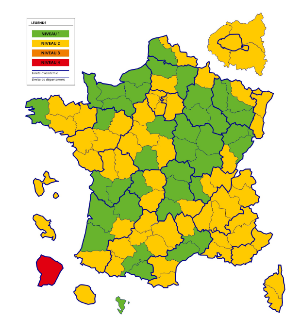 Carte avec les différents niveaux de limitation rétablissant le port du masque ou non